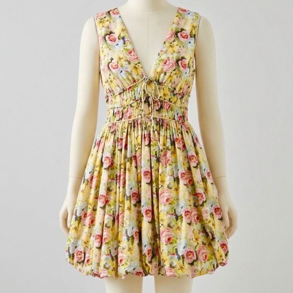 En Saison Cairo Cotton Bubble Hem Mini Dress Large V Neck Floral Romantic Y2K
